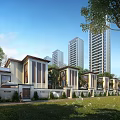 Row of Modern Townhouses Exterior Design With Green Lawn And Trees Near High-Rise Buildings