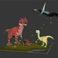 Cartoon Dinosaur Characters Pink T Rex Yellow Small Dino And Blue Pterodactyl On Green Grassland