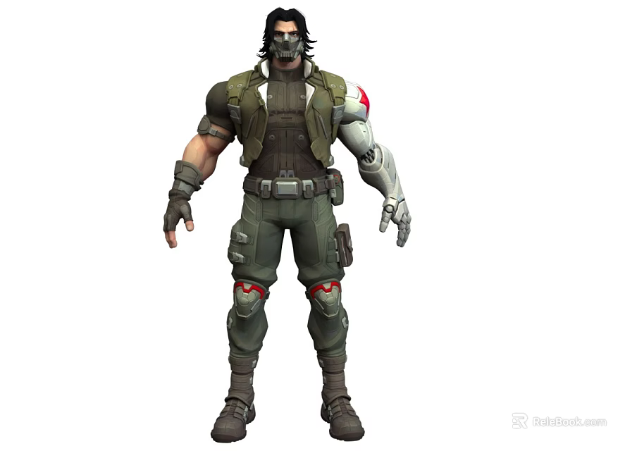 Muscular Man With Tactical Vest Mechanical Arm Green Military Pants Knee Pads And Brown Boots 3d model 