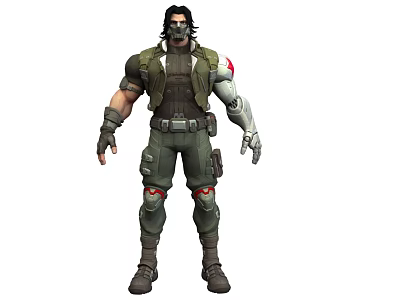 Muscular Man With Tactical Vest Mechanical Arm Green Military Pants Knee Pads And Brown Boots 3d model