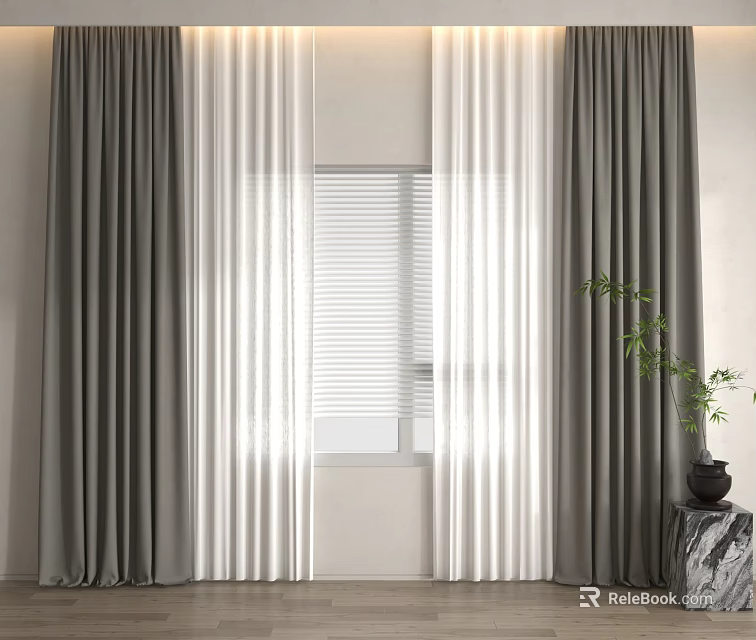 Grey Curtains With White Sheer For Window With Blinds And Potted Plant On Marble Stand 3d model 