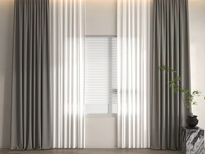 Grey Curtains With White Sheer For Window With Blinds And Potted Plant On Marble Stand 3d model