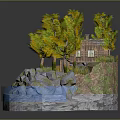 Cartoon Scene Featuring Wooden Cabin Green Trees Rocks Campfire And Water