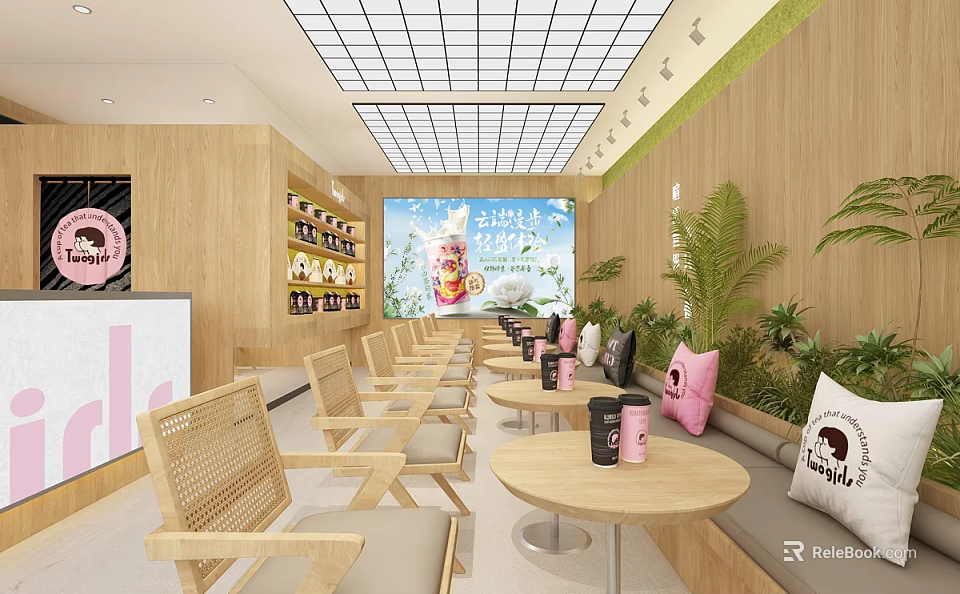 Cozy Bubble Tea Shop Interior With Wooden Decor Green Plants And Comfortable Tables 3d model 