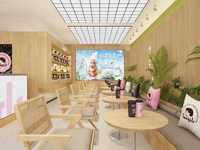 Cozy Bubble Tea Shop Interior With Wooden Decor Green Plants And Comfortable Tables 3d model