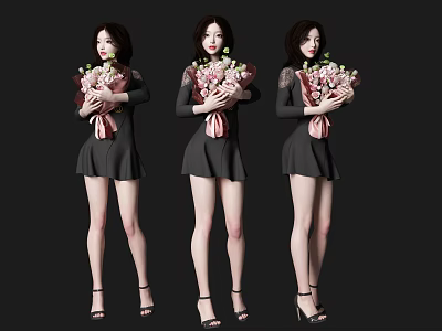 A woman wearing black dress holding bouquet of flowers against black background 3d model