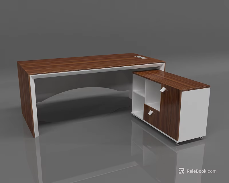 Modern Office Desk With Wooden Top Curved Frame And Side Drawer Storage Cabinet 3d model 