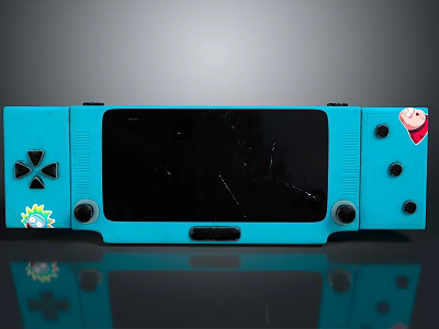 Blue Electronic Game Console With Black Screen And Cartoon Sticker Design 3d model