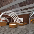 Modern Hotel Lobby Interior With Wooden Walls Arched Structures And Display Cases