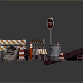 Road Construction Scene Components With Traffic Cones Barriers Sandbag Metal Rails And Stop Sign