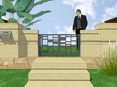 Wrought Iron Gate Design With Stone Walls Steps Green Plants And Mailbox With Number 2508 3d model