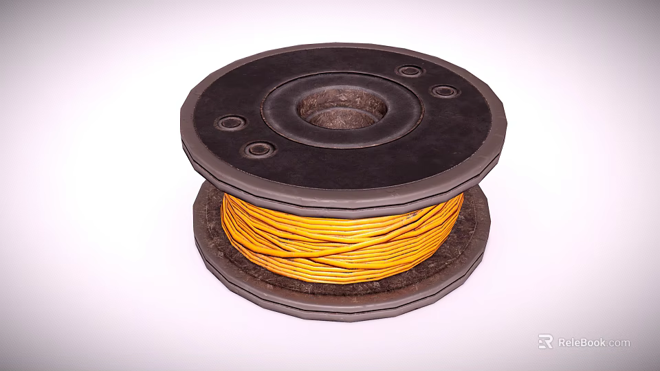 Black Spool With Yellow Wound Wire And Circular Design Holes On Surface 3d model 