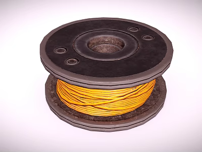 Black Spool With Yellow Wound Wire And Circular Design Holes On Surface 3d model