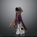 Elaborate Female Character In Colorful Costume With Fan And Decorative Staff