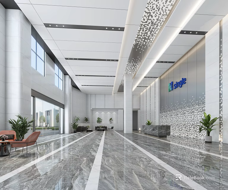 Modern Office Lobby Front Desk Reception With Marble Floor Green Plants And Company Logo 3d model 