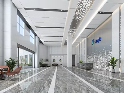Modern Office Lobby Front Desk Reception With Marble Floor Green Plants And Company Logo 3d model