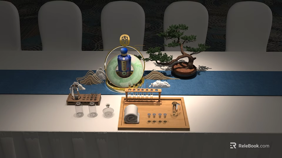 Ornamental Decor Set Featuring Glass Dome Blue Bottle Pine Bonsai And Wooden Tray 3d model 