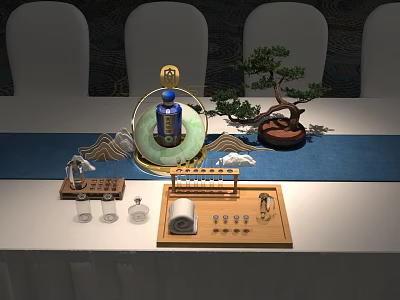 Ornamental Decor Set Featuring Glass Dome Blue Bottle Pine Bonsai And Wooden Tray 3d model