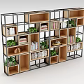 Modern Bookcase With Metal Frame Wooden Shelves Books And Green Plants