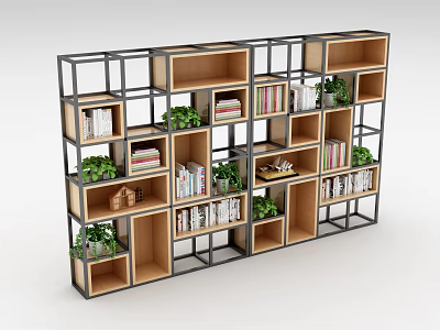 Modern Bookcase With Metal Frame Wooden Shelves Books And Green Plants 3d model