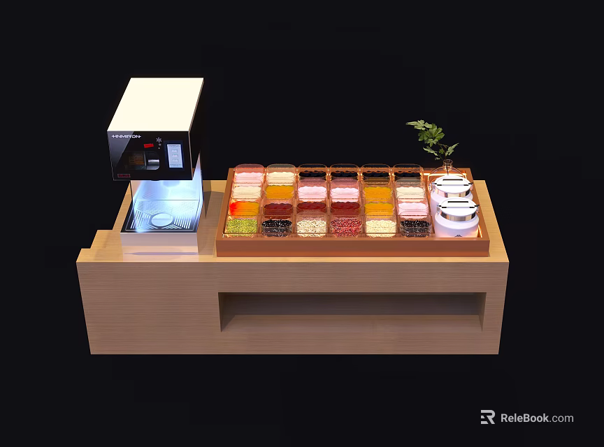 Wooden Spice Display Counter With Colorful Compartments White Appliance And Small Plant 3d model 