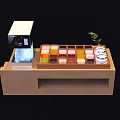 Wooden Spice Display Counter With Colorful Compartments White Appliance And Small Plant