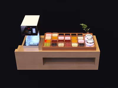Wooden Spice Display Counter With Colorful Compartments White Appliance And Small Plant 3d model