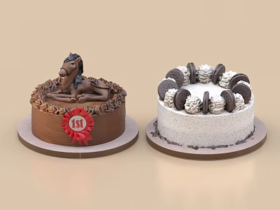 Two Decorated Celebration Cakes With Chocolate Horse 1st Prize Ribbon And Cookie Cream Toppings 3d model