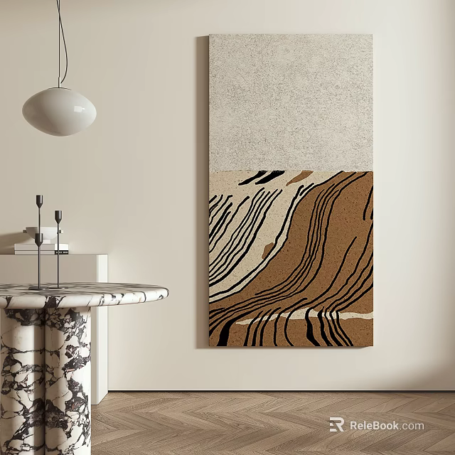 White Pendant Light And Abstract Wavy Line Painting With Marble Table Interior 3d model