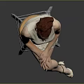 Woman Sitting on Stool in Beige Sleeveless Dress with Red Short Hair and High Heels
