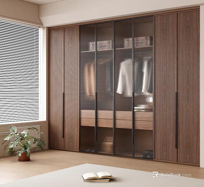 Modern Wooden Wardrobe with Glass Doors Lattice Design and Hanging Clothes Drawers 3d model 