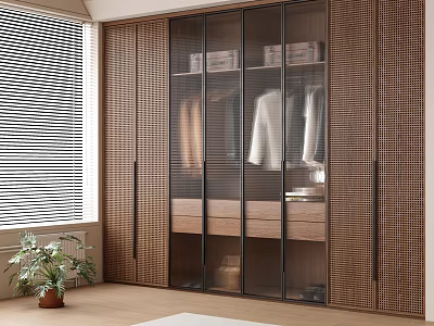 Modern Wooden Wardrobe with Glass Doors Lattice Design and Hanging Clothes Drawers 3d model