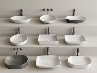 Modern Bathroom Washbasins Collection with Round Square Shapes and White Grey Black Colors 3d model
