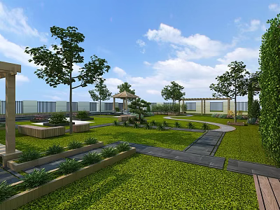 Garden Landscape With Green Lawn Trees Stone Pathway Gazebo Flower Beds And Blue Sky 3d model