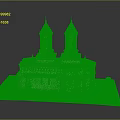 Historic Building Model With Two Spired Towers Circular Structure And Grass Base With Small Shrubs