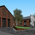 Industrial Factory Building Red Brick Black Roof Glass Garage Door and Outdoor Area People Walking