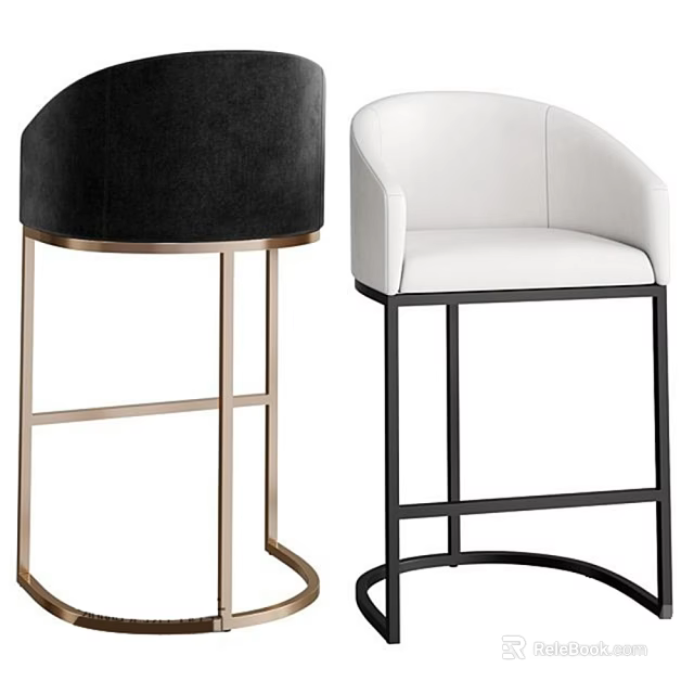 Modern Black Velvet and White Leather Bar Stools With Gold and Black Metal Frames 3d model 