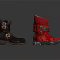 Fashionable Black And Red Boots With Buckle Straps And Lace Up Details