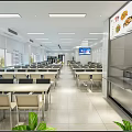 Modern Restaurant Interior With Long Buffet Counter Circular Serving Stations Tables And Large Windows 3d model