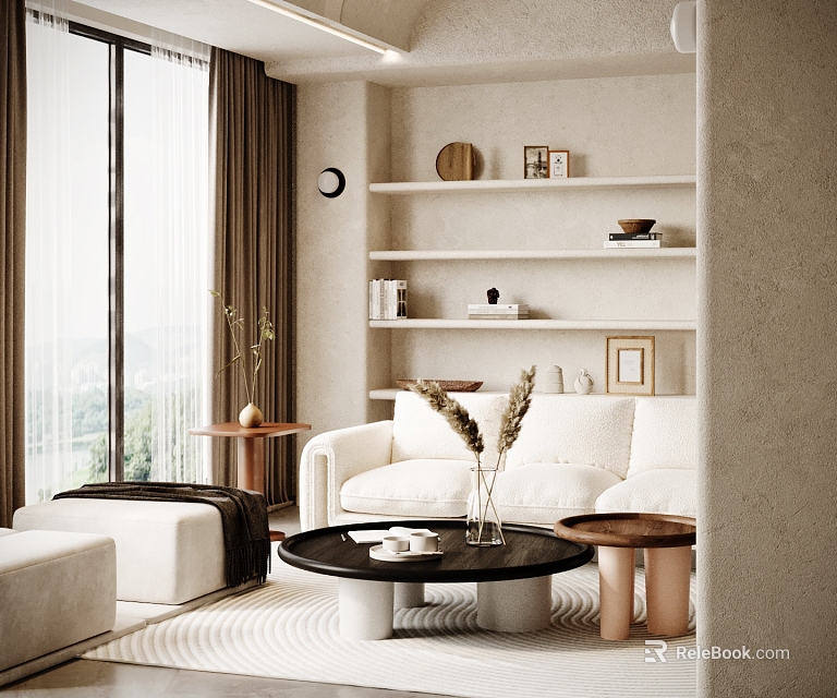 Modern Living Room With White Sofa Black Coffee Table Set Wooden Accents Bookshelves And Decor 3d model 