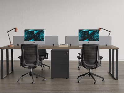 Modern Office Desk With Two Workstations Dual Monitors Ergonomic Chairs Desk Lamps And Storage Cabinet 3d model