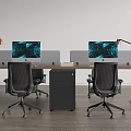 Modern Office Desk With Two Workstations Dual Monitors Ergonomic Chairs Desk Lamps And Storage Cabinet