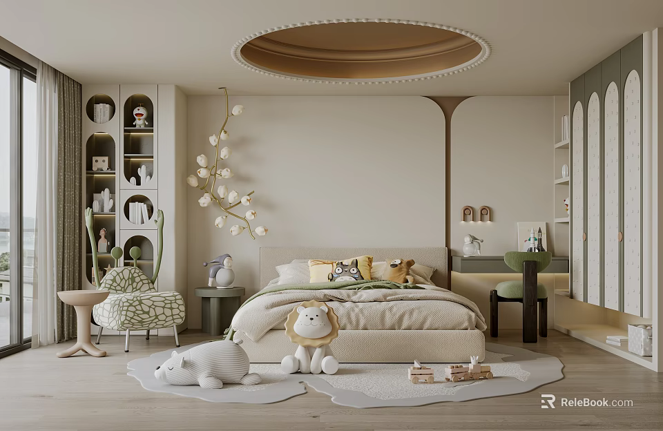 Cozy Bedroom Interior Design With Round Ceiling Light Beige Walls Bed Pillows And Stuffed Toys 3d model 