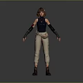 3D Female Character Model Wearing Dark Blue Sleeveless Top Beige Pants Brown Boots Arm Guards