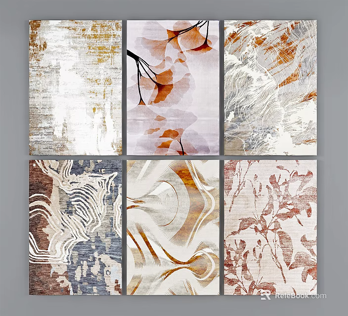 Six Abstract Wall Art Prints With Golden Brown Textured Leaf Wave Patterns 3d model