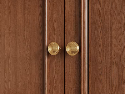 Golden Round Door Knobs On Brown Wooden Cabinet Doors With Natural Wood Grain 3d model