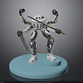 Detailed 3D Robot Character With Multiple Limbs Holding Sword On Blue Base