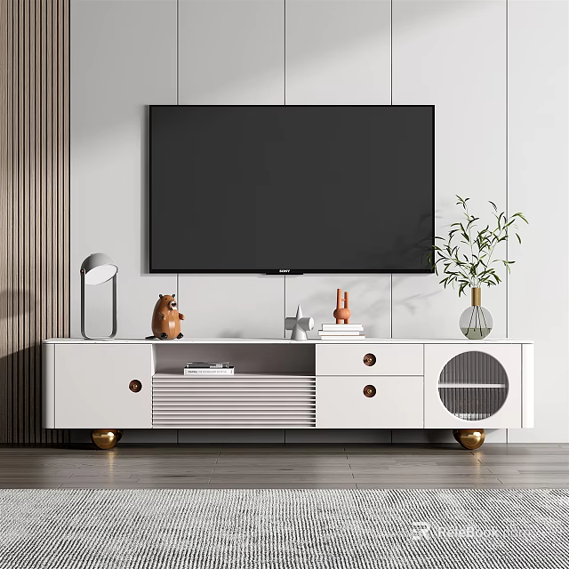Modern White TV Stand with Gold Legs Drawers featuring Lamp Vases Books Plants under TV 3d model 