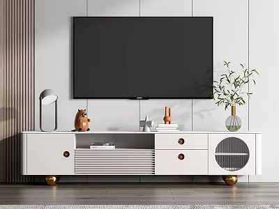 Modern White TV Stand with Gold Legs Drawers featuring Lamp Vases Books Plants under TV 3d model