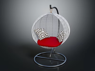 Modern Spherical Chair With Red Cushion Geometric Pattern Pillows And Metal Stand 3d model